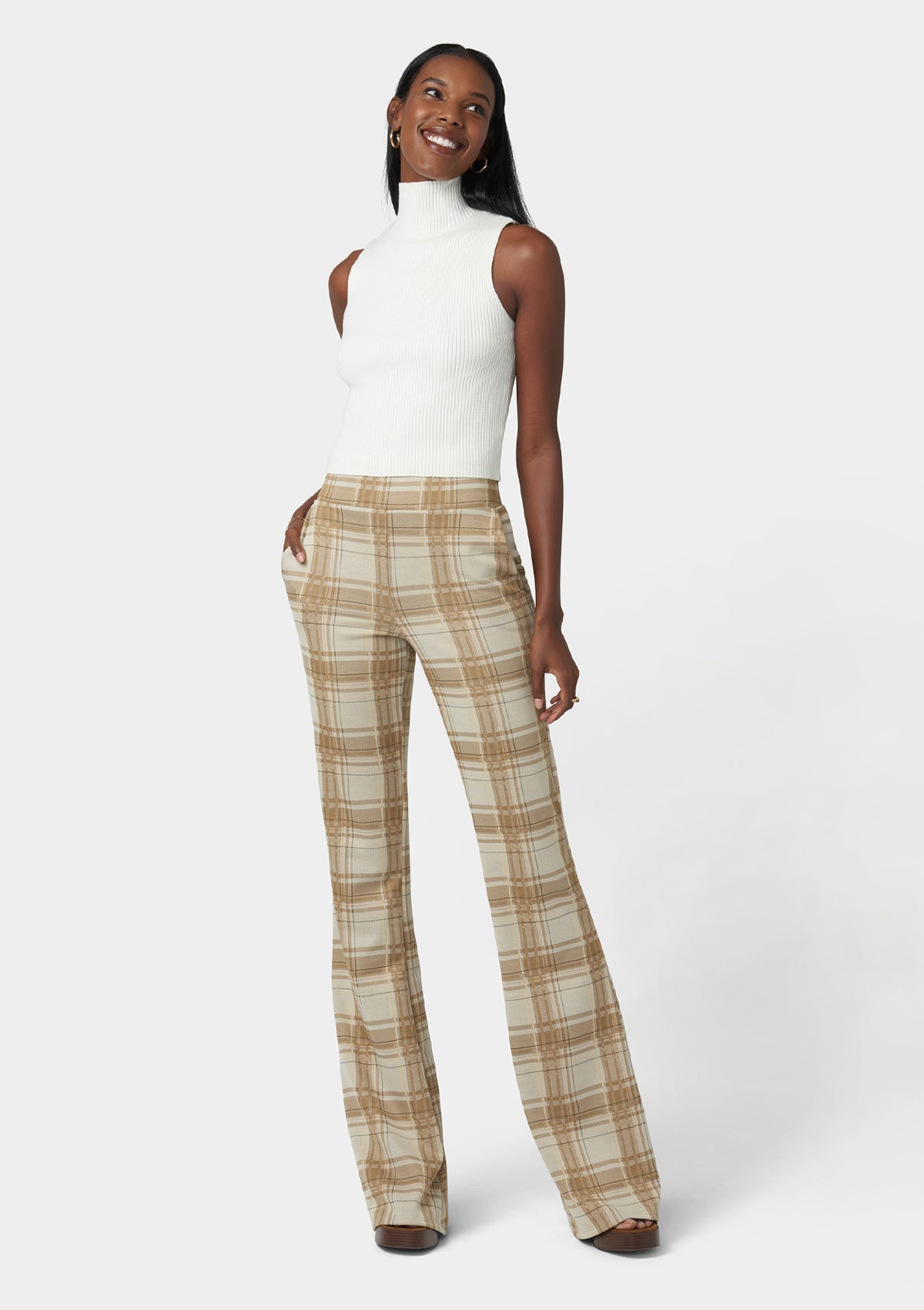 Tall Women's Brown Plaid Pants with Flare Leg: 37" Inseam