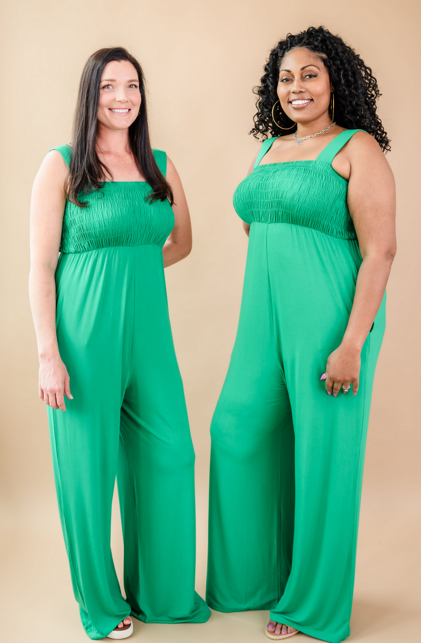 Green Tall Smocked Jumpsuit: 34-37" Inseam