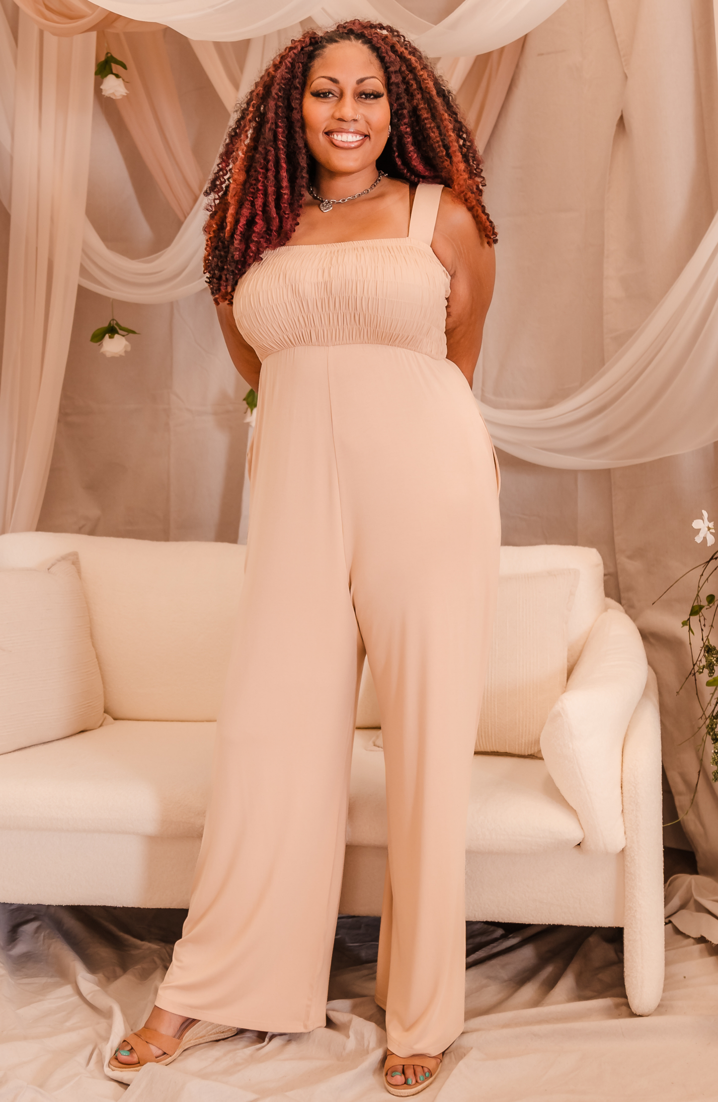 Tall Beige Smocked Jumpsuit: 34-37" Inseam