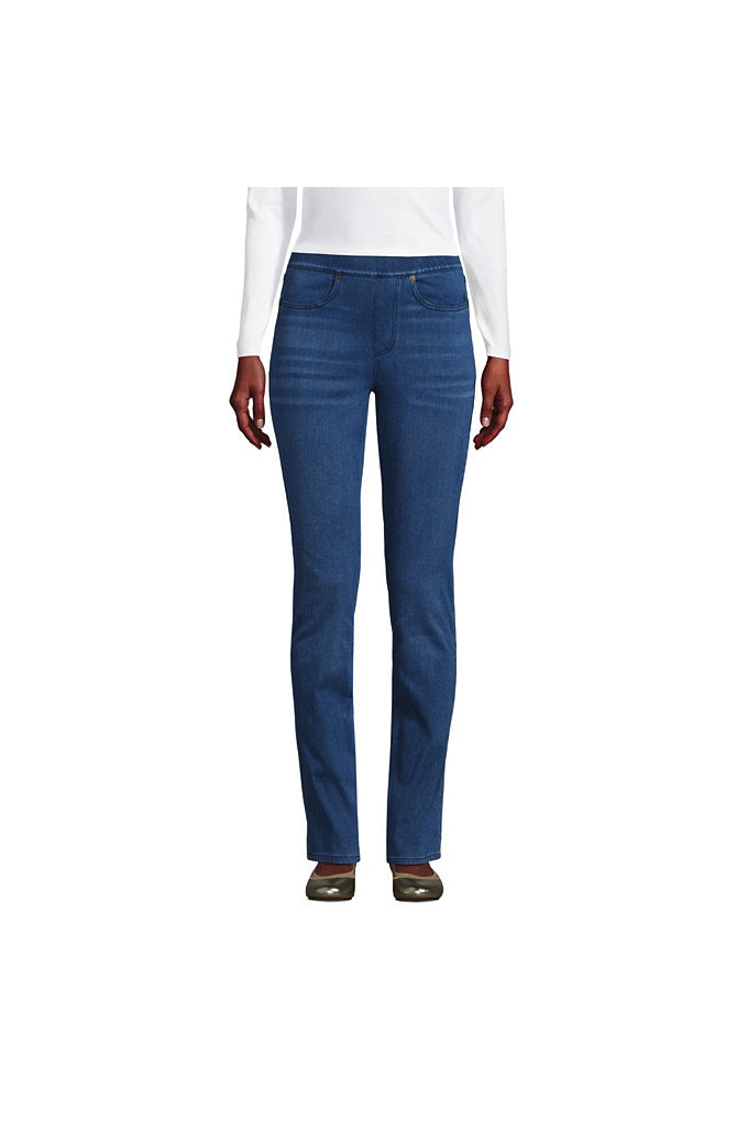 Women's Starfish Mid Rise Pull On Knit Denim Straight Jeans