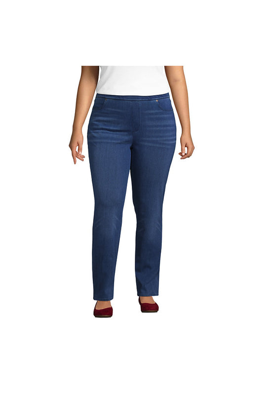Women's Plus Size Starfish Mid Rise Pull On Knit Denim Straight Jeans
