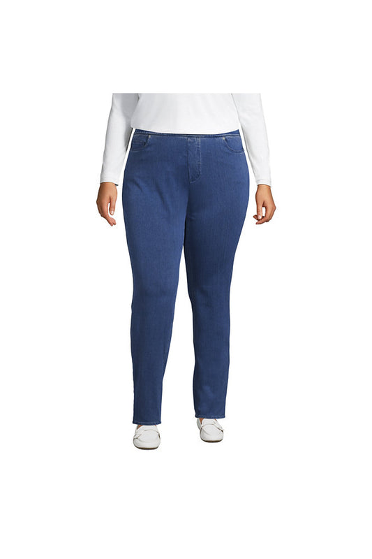 Women's Plus Size Starfish Mid Rise Pull On Knit Denim Straight Jeans