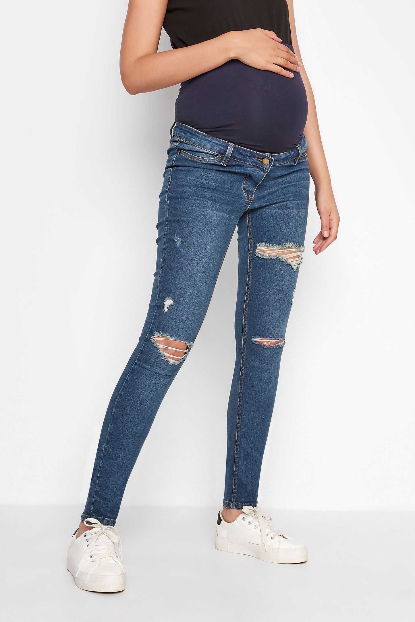 Tall Maternity Mid Blue Distressed AVA Stretch Skinny Jeans