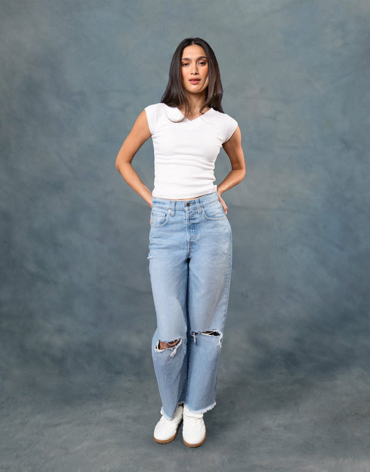 Eco-friendly Light Wash Ankle Length Raw Hem Jeans: 27" Inseam