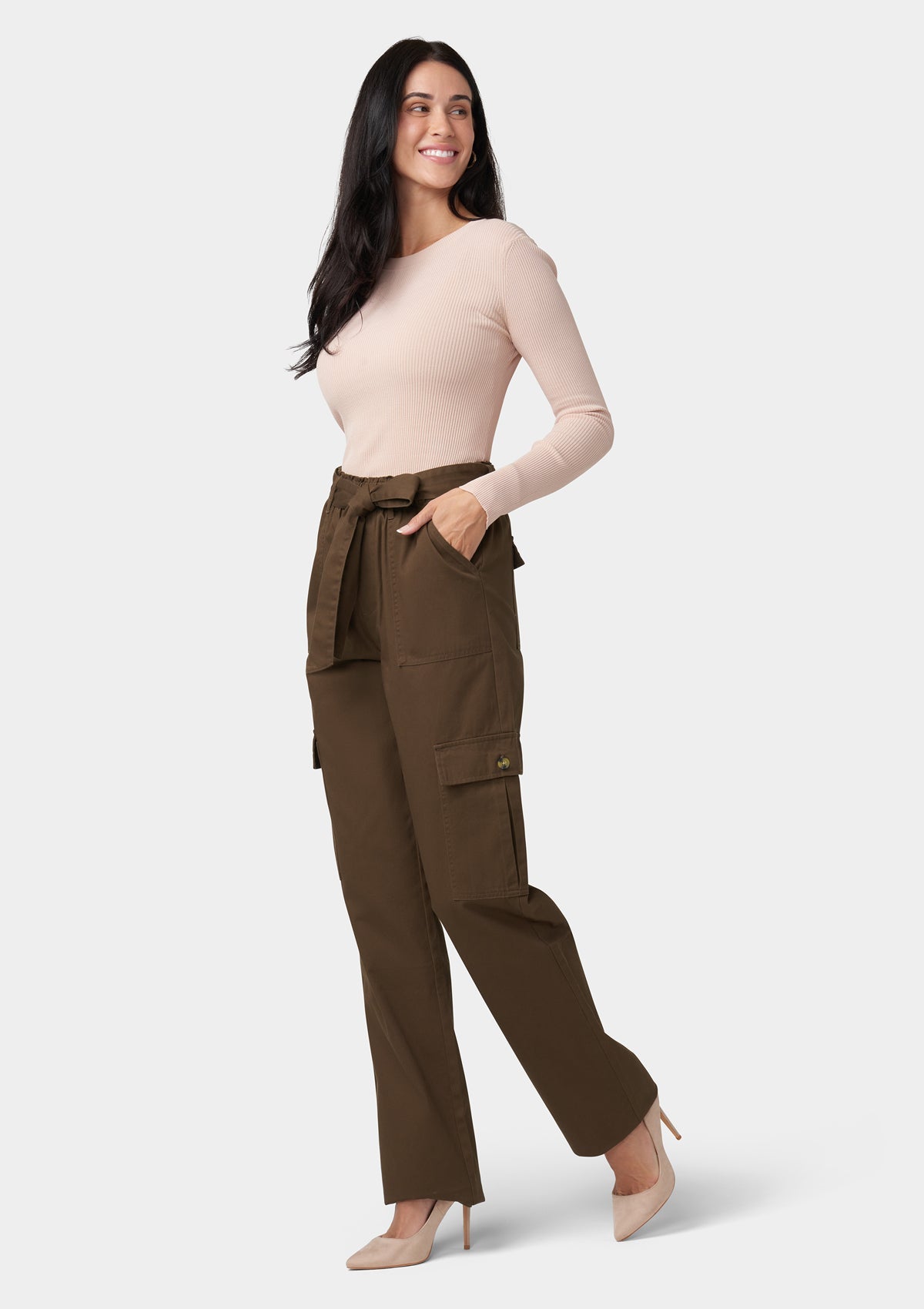 Women's Plus Size Cargo Pants with Tie Waist in Dark Chocolate: 37" Inseam