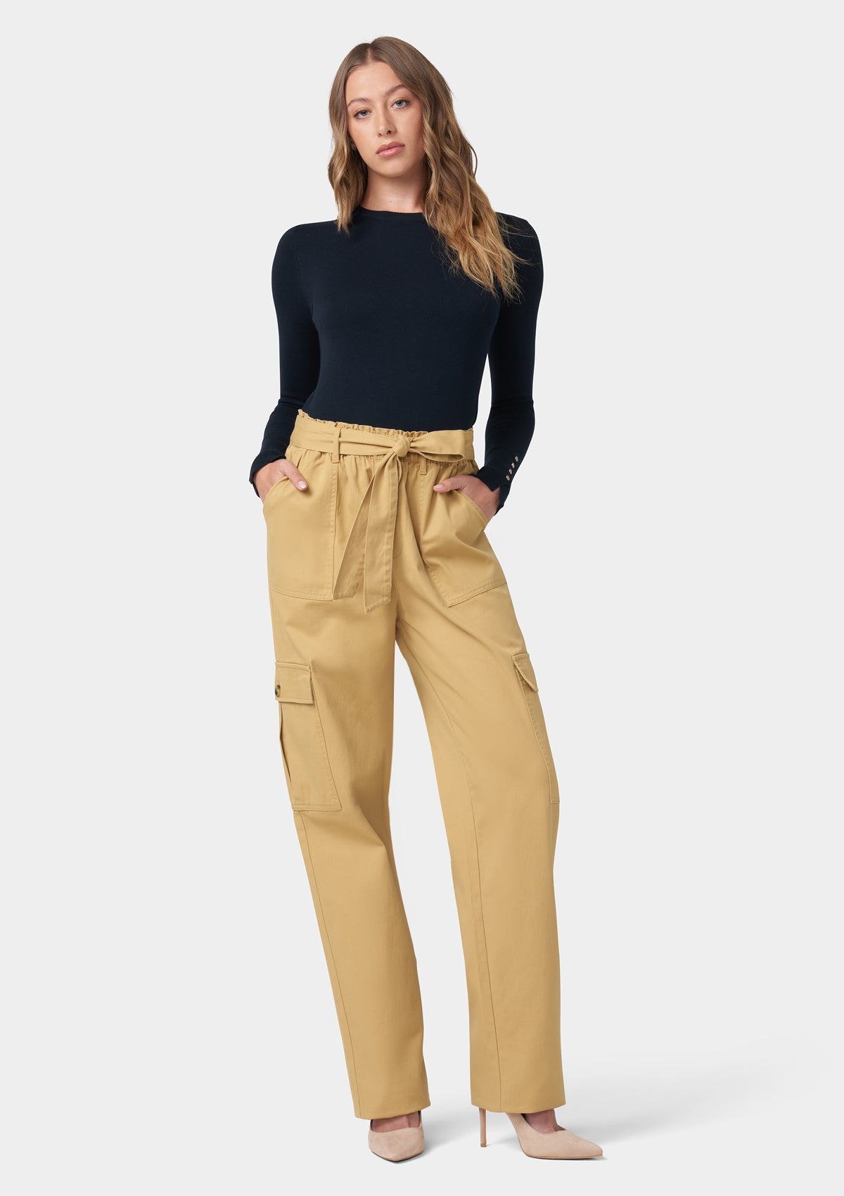 Tall Women's Cargo Pants with Tie Waist in Light Khaki: 37" Inseam