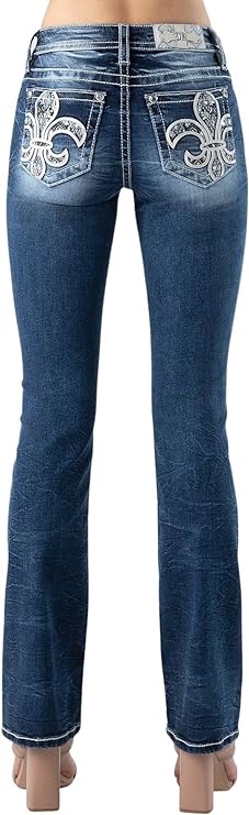 Southern Fleur de Lis Embellished Pockets Mid-Rise Bootcut