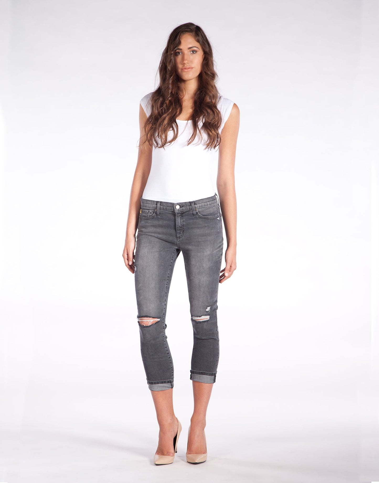 Grey Cropped Straight Leg Jeans with Holes in the Knees 28" Inseam
