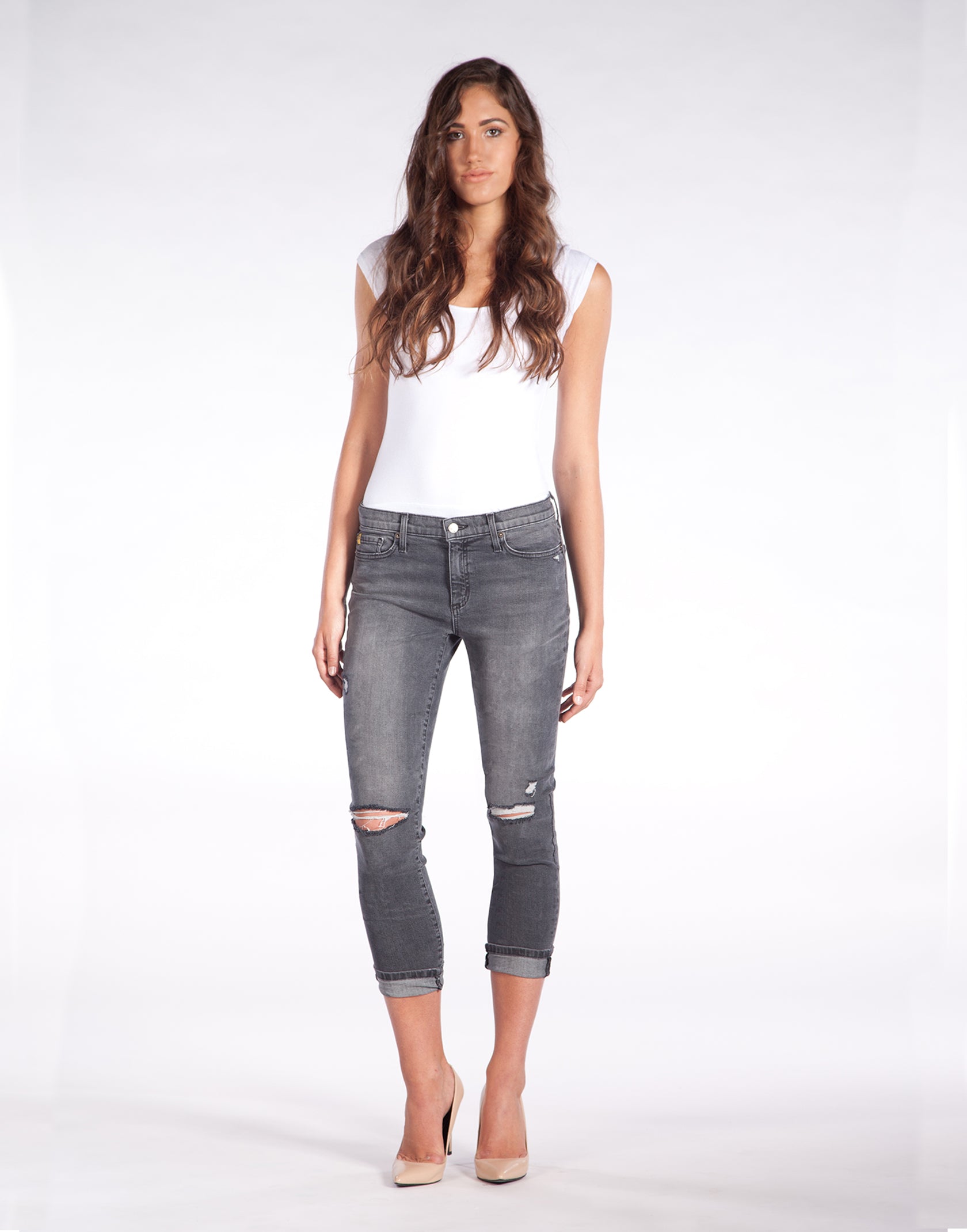 Grey Cropped Straight Leg Jeans with Holes in the Knees 28" Inseam
