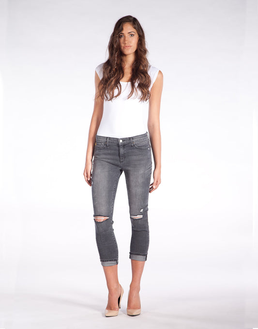 Grey Cropped Straight Leg Jeans with Holes in the Knees 28" Inseam