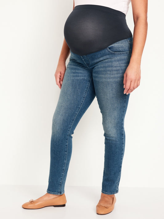 Medium Wash Maternity Full Panel Straight Leg Jeans: 26", 28", 30" Inseams