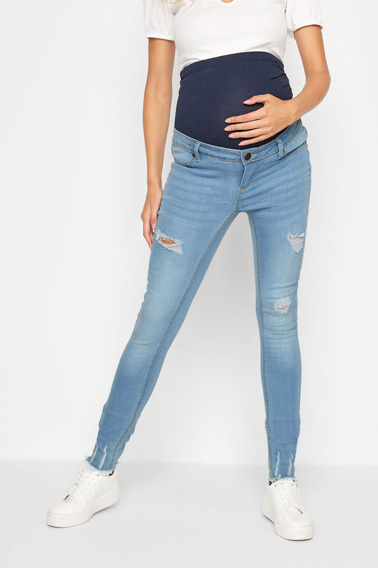 Tall Maternity Light Wash Distressed Skinny Jeans: 36" Inseam