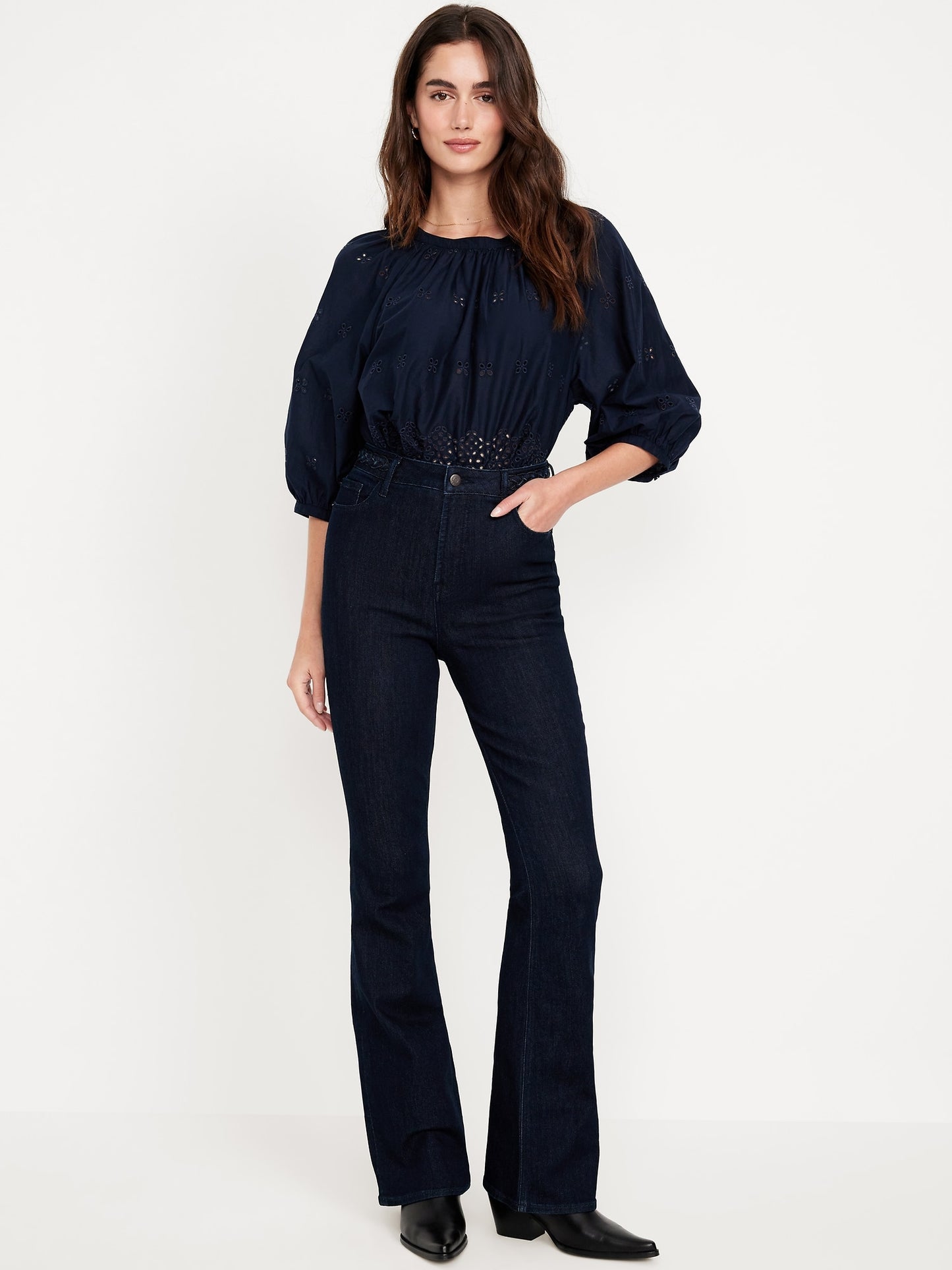 Women's Dark Wash High Rise Flare Jeans: 29", 31", 34" Inseams