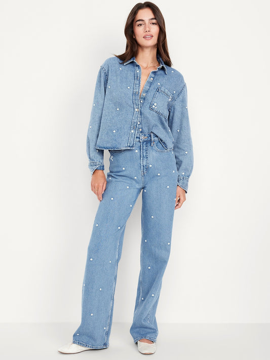 Women's Extra High-Waisted Embroidered Wide-Leg Jeans: 29", 31", 34" Inseams