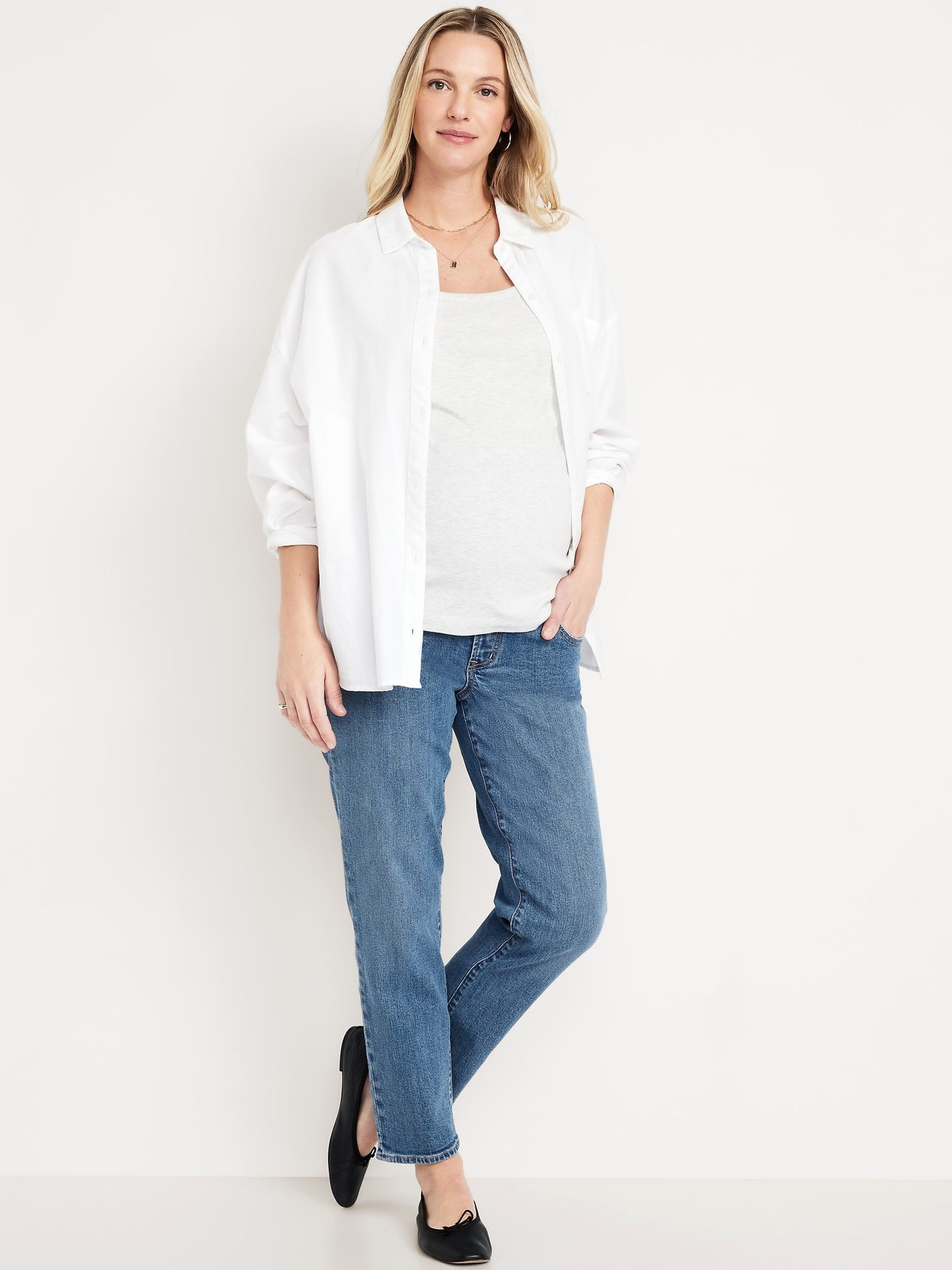 Petite, Regular, Tall Maternity Full Panel Ankle-length Straight Leg Medium Wash Jeans