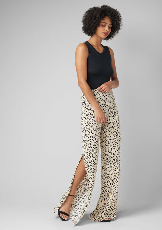 Tall Kia Wide Leg Pants With Side Slit in Sand Leopard