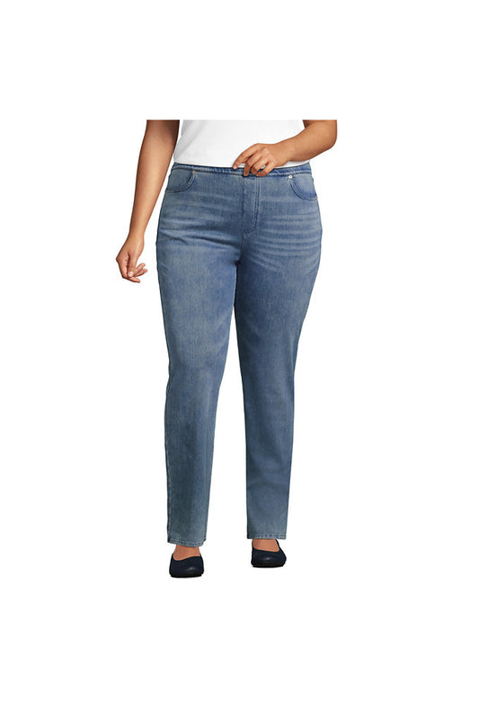 Women's Plus Size Starfish Mid Rise Pull On Knit Denim Straight Jeans