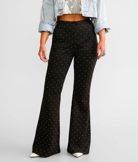 Rhinestone Faux Suede Flare Stretch Pant