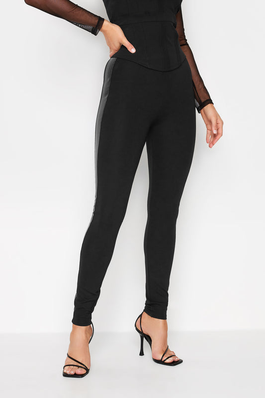 Tall Black Faux Leather Stripe Leggings