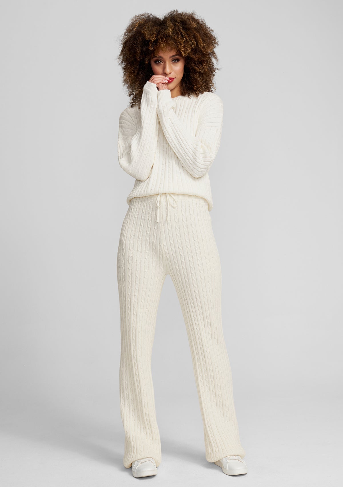 Alloy Apparel Tall Dakota Cable Knit Pants for Women in Ivory
