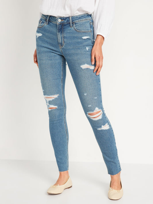 Mid-Rise Rockstar Super-Skinny Ripped Cut-Off Ankle Jeans for Women