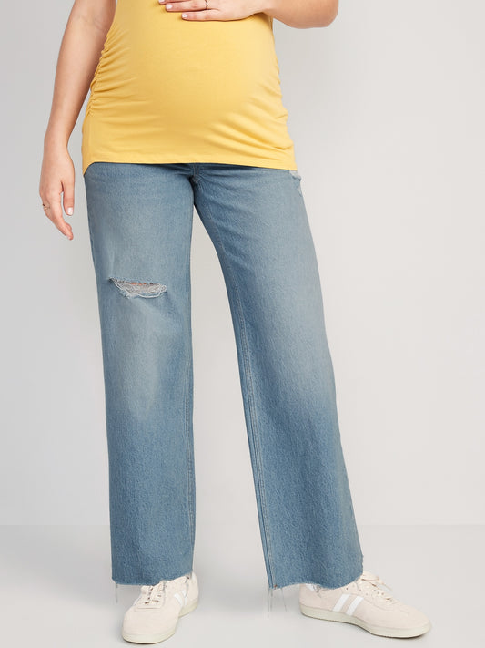 Maternity Full-Panel Ripped Cut-Off Wide-Leg Jeans